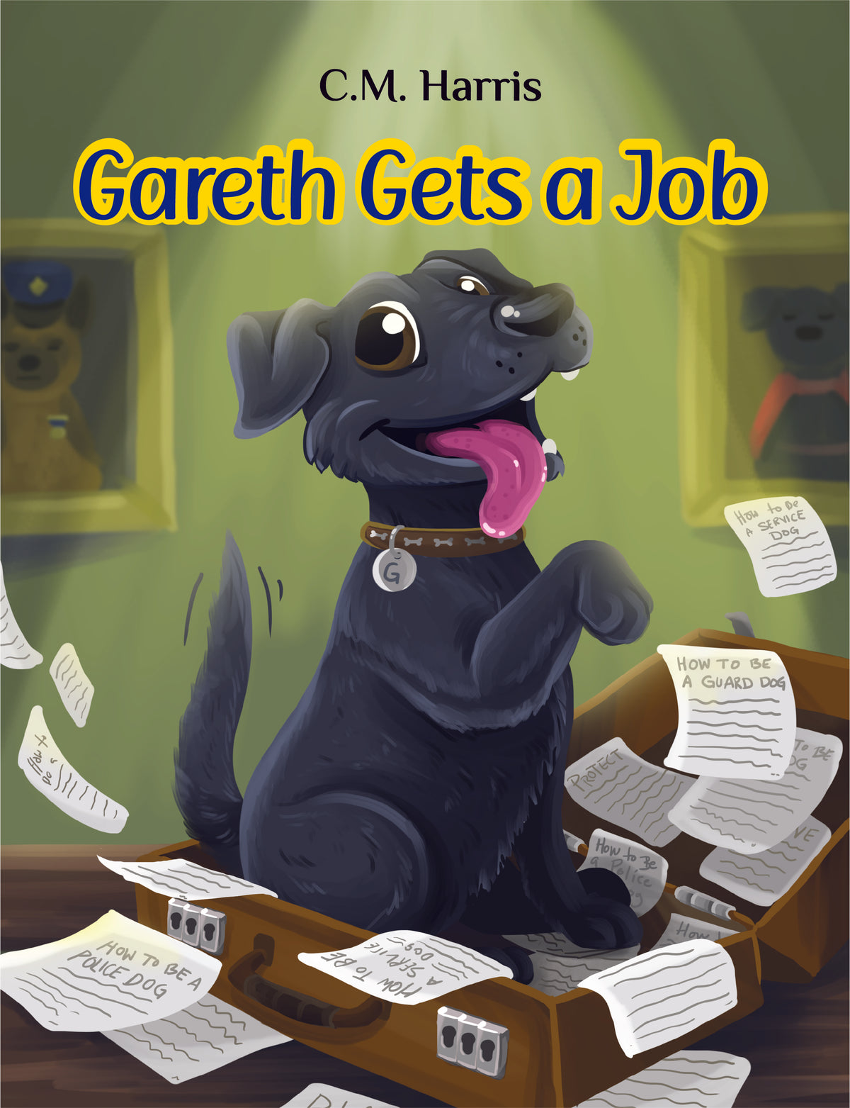 Book cover of 'Gareth Gets a Job' with a dog character and green background