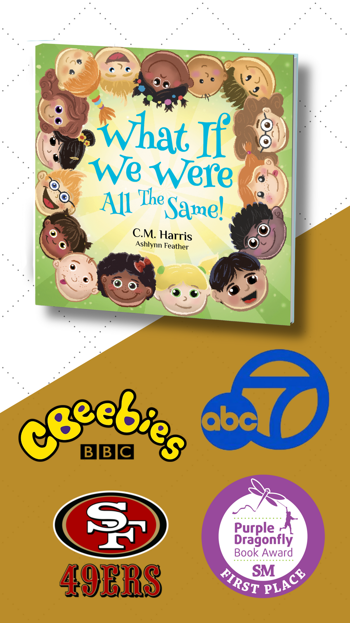 Children's book titled 'What If We Were All The Same!' by C.M. Harris on a yellow background with logos below.