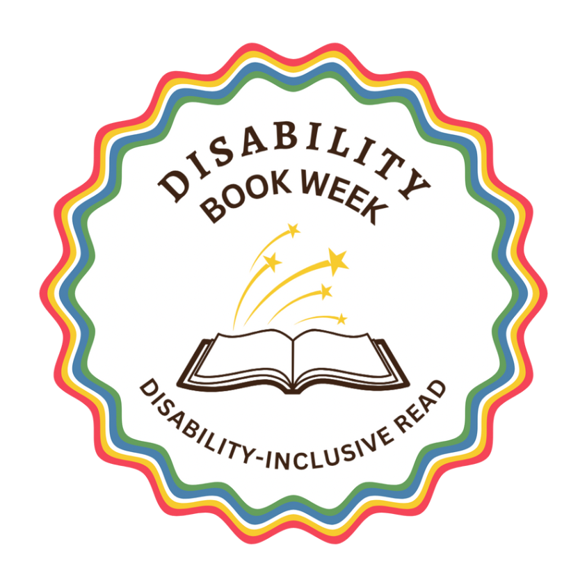 Logo for Disability Book Week with a rainbow border and an open book illustration.