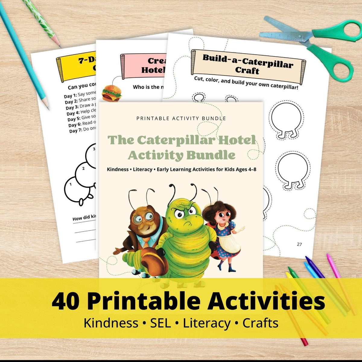 Caterpillar-themed activity bundle with printables, scissors, and markers on a wooden surface.
