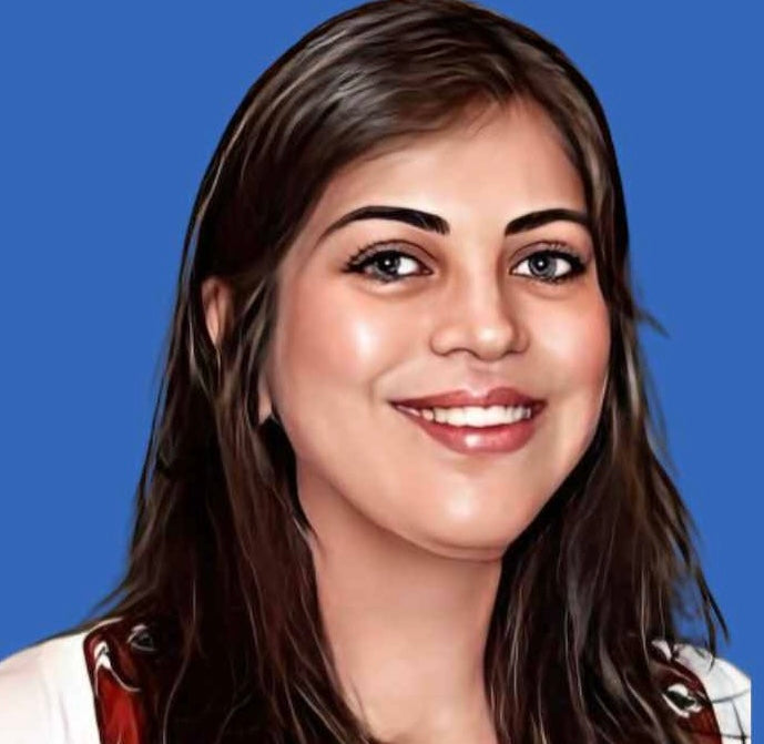 Woman with long brown hair against a blue background