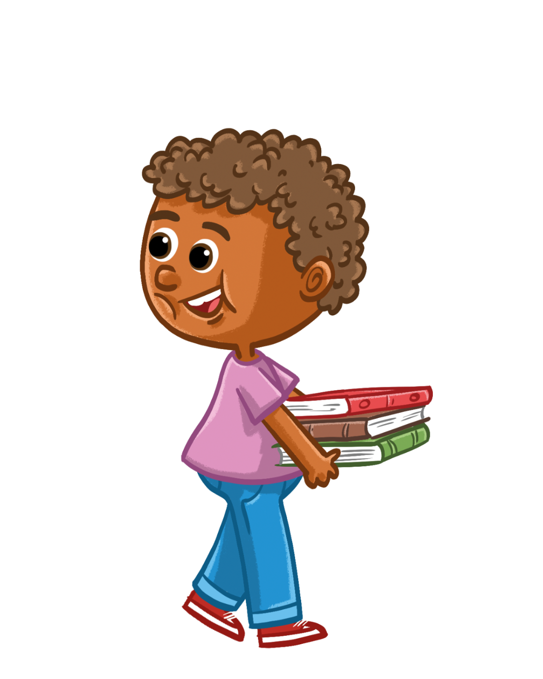 Cartoon child holding books on a white background