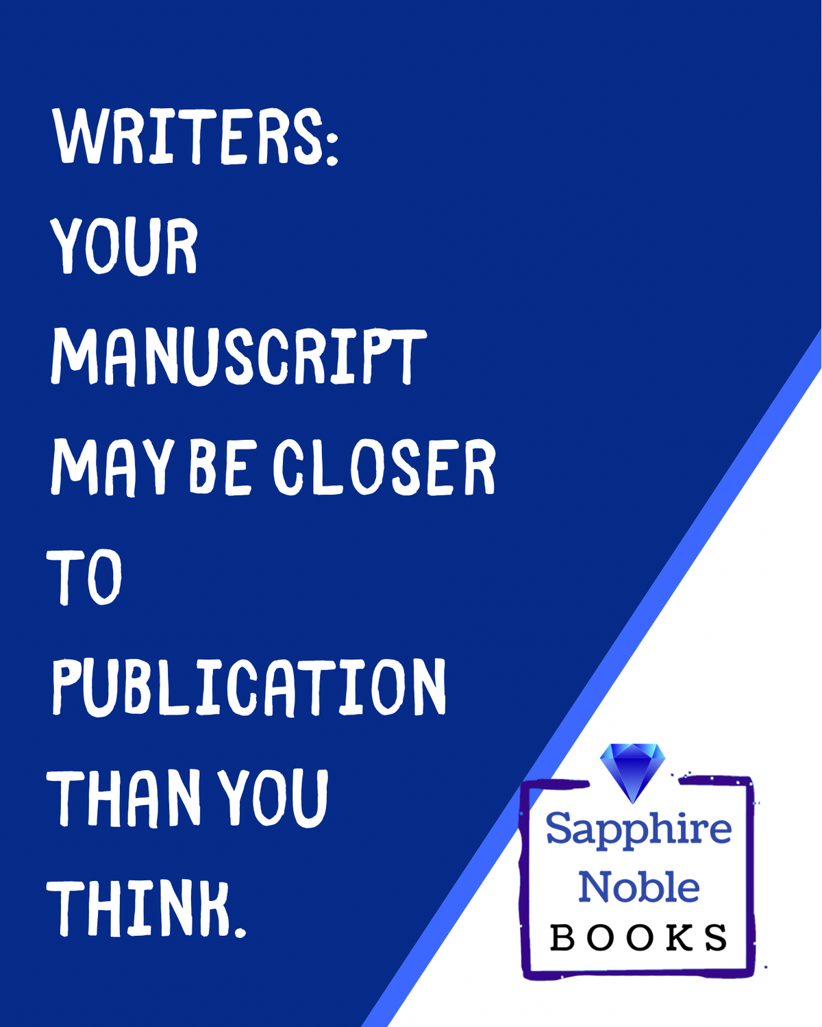 A book cover or digital cover design with the text 'WRITERS: YOUR MANUSCRIPT MAYBE CLOSER TO PUBLICATION THAN YOU THINK.' in white on a dark blue background, with a white diagonal section and a 'Sapphire Noble Books' logo in the lower right.