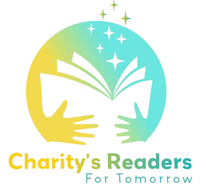 Logo of 'Charity's Readers For Tomorrow' with hands holding books and stars on a gradient background.