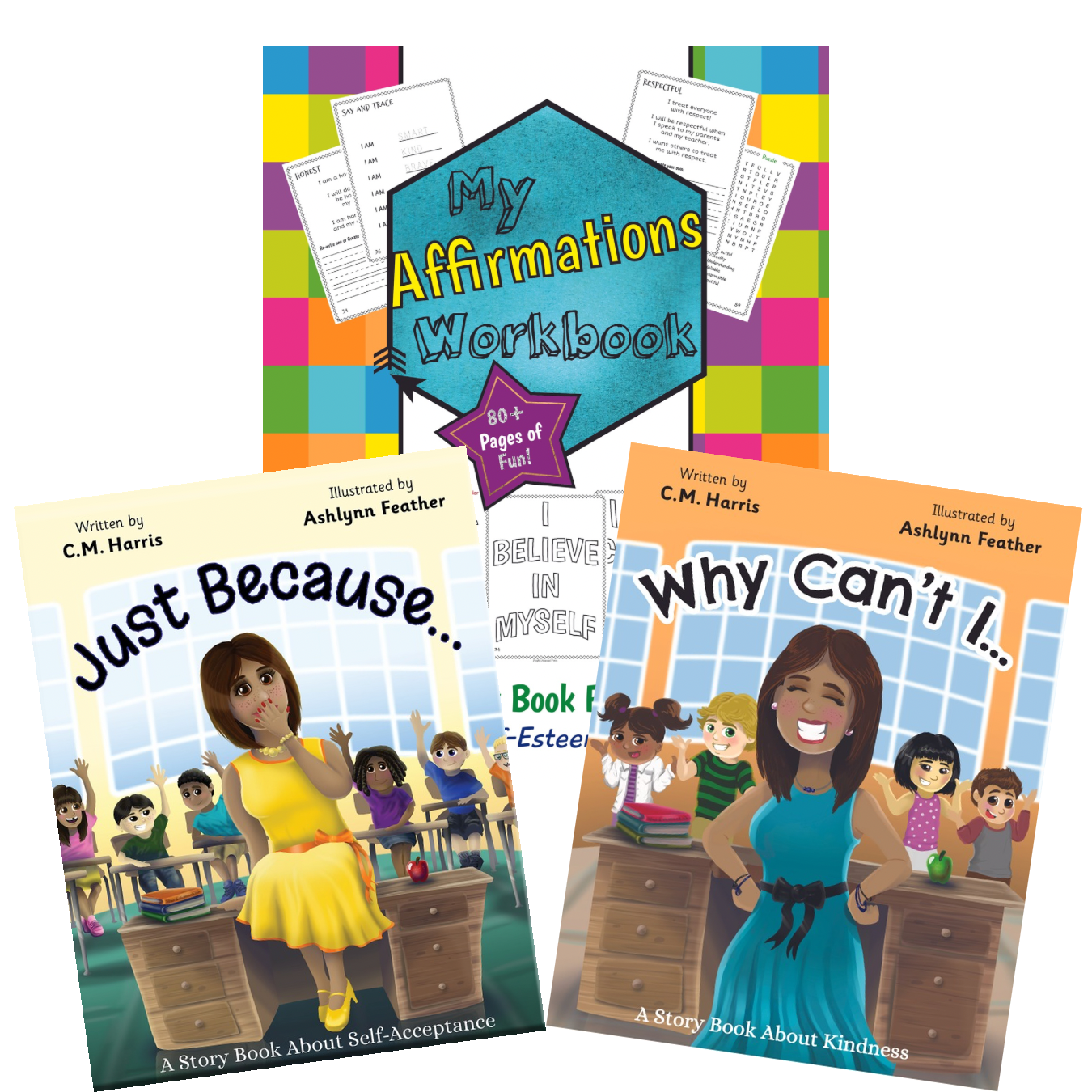 Collection of educational books and workbooks on a white background
