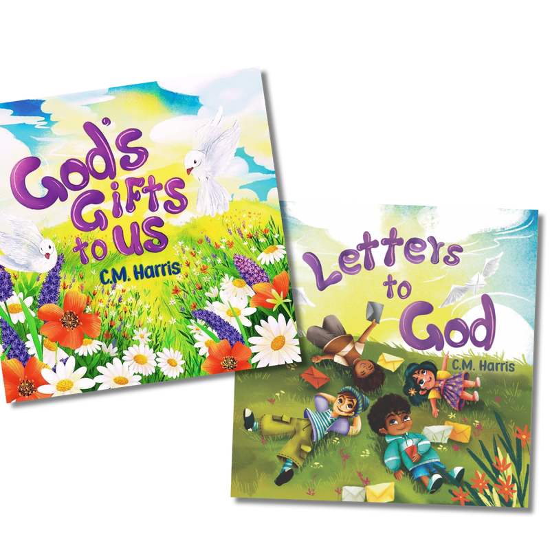Two children's books titled 'God's Gifts to Us' and 'Letters to God' by C.M. Harris on a white background.